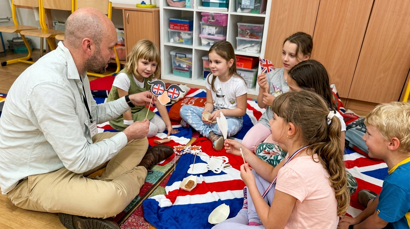 Učiteľ s deťmi pri britskom pikniku v triede